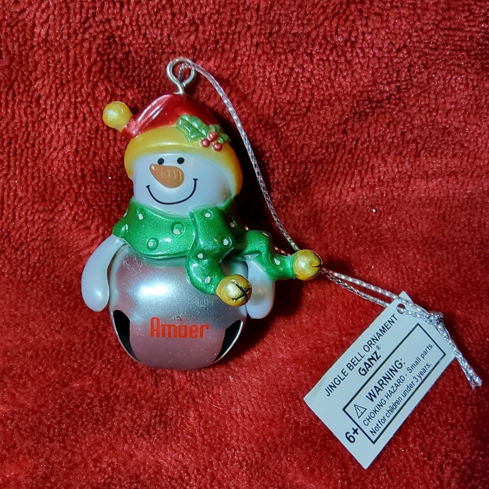 NWT Ganz Jingle Bell Christmas Ornament Snowman Red Cap Personalized "Amber"